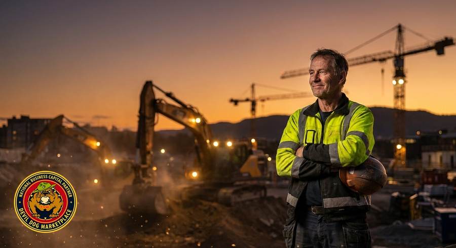 Construction owner standing confidently on a job site at dusk, with the Devil Dog Marketplace logo