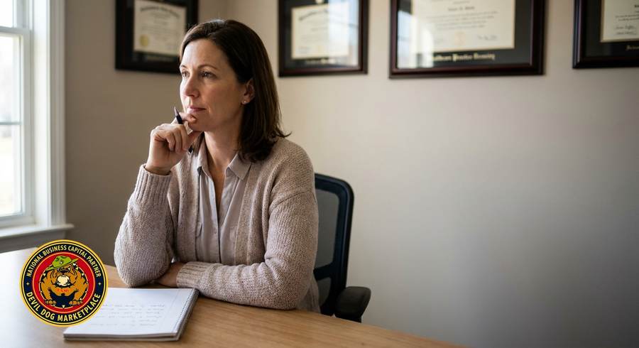 Business owner working through a funding self-assessment, with the Devil Dog Marketplace logo