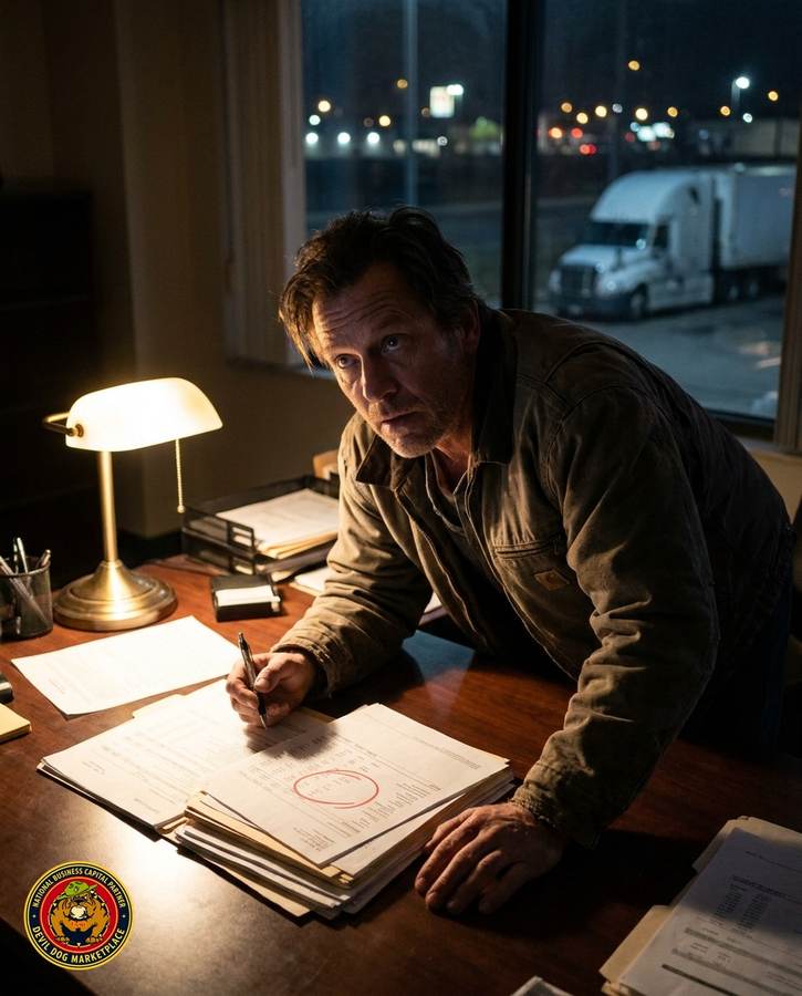 Business owner reviewing financing documents late at night, with the Devil Dog Marketplace logo