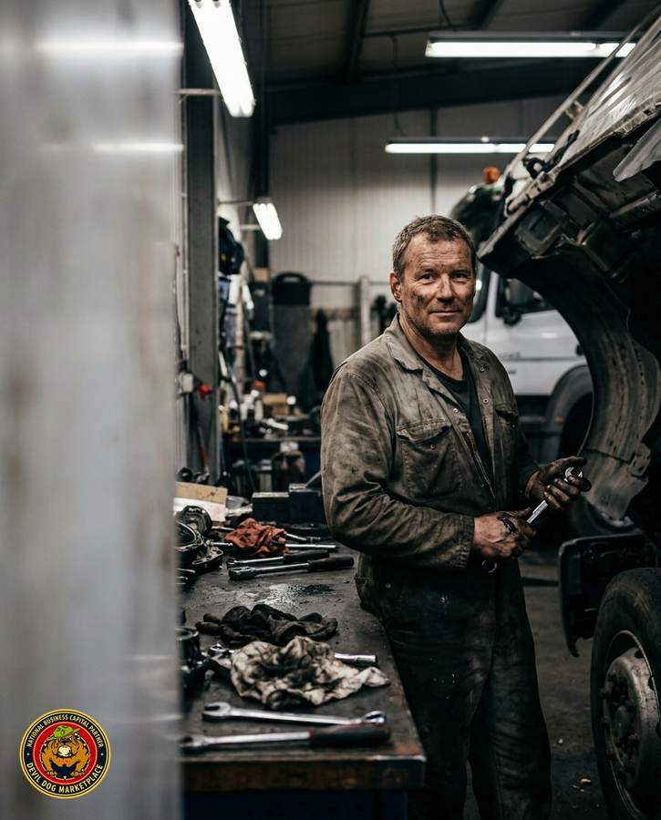 Tradesman repairing a truck engine, confident despite imperfect credit, with the Devil Dog Marketplace logo