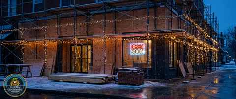 Storefront of a Supra restaurant location under construction with an Open Soon neon sign, representing the NYC expansion funded by National Business Capital's Cash Flow Financing