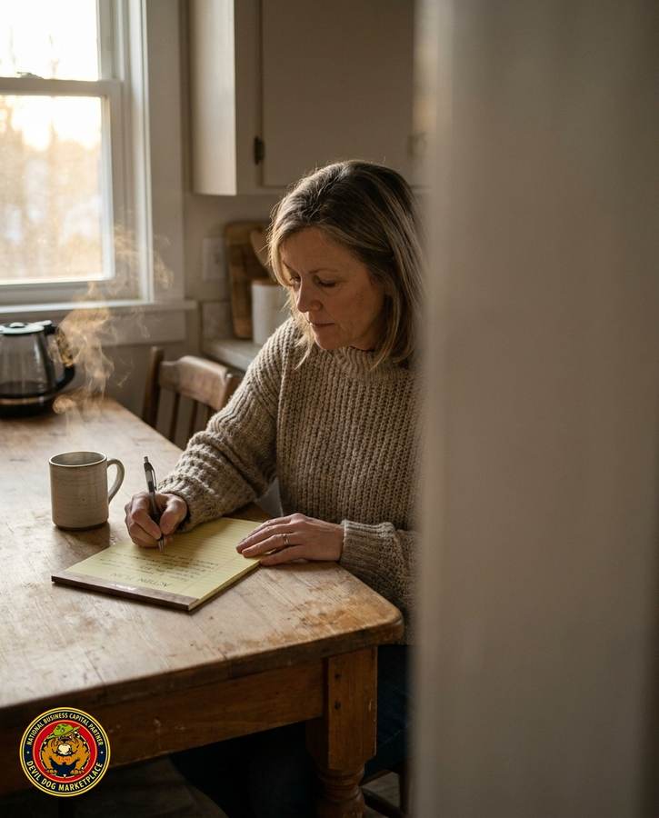 Business owner writing an action plan after a bank denial, with the Devil Dog Marketplace logo