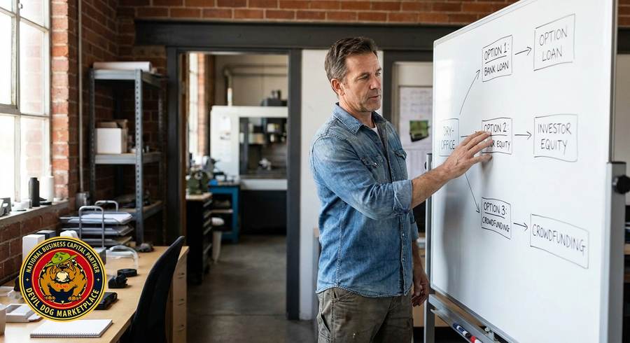 Business owner comparing financing options on a whiteboard, with the Devil Dog Marketplace logo