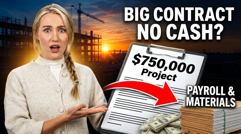 Contractor reviewing construction plans while calculating project funding and cash flow needs for a large commercial job