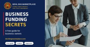 Two business professionals reviewing a document together, for the free guide Business Funding Secrets, with Devil Dog Marketplace branding