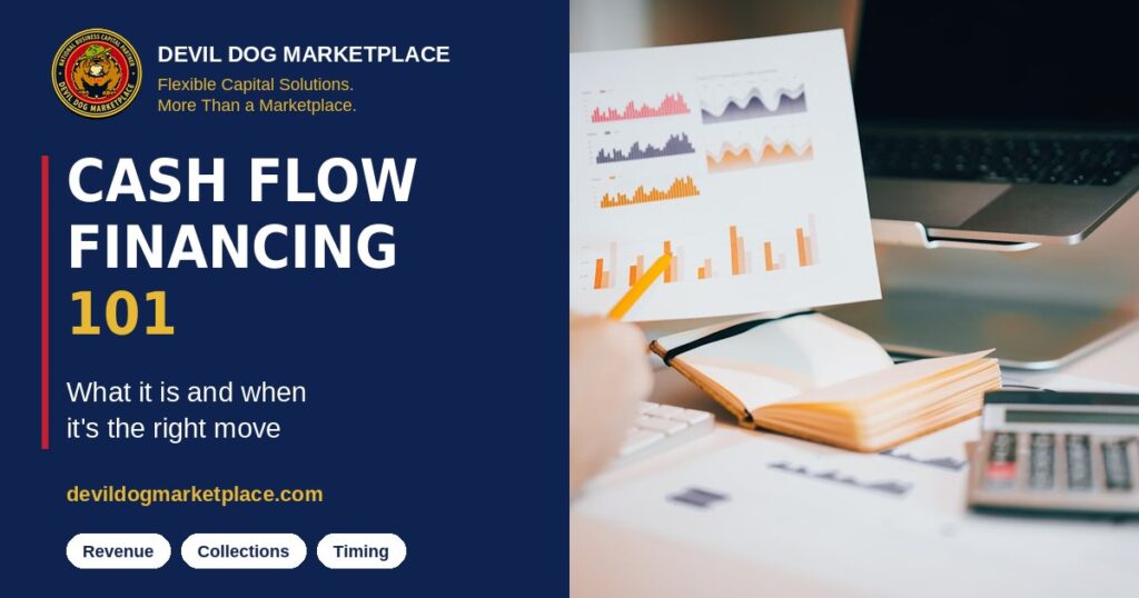 Financial charts, notebook and calculator on a desk, for Cash Flow Financing 101