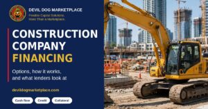 Yellow excavator on a city construction site with high-rise buildings behind it, for an article on construction company financing