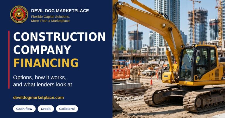 Yellow excavator on a city construction site with high-rise buildings behind it, for an article on construction company financing