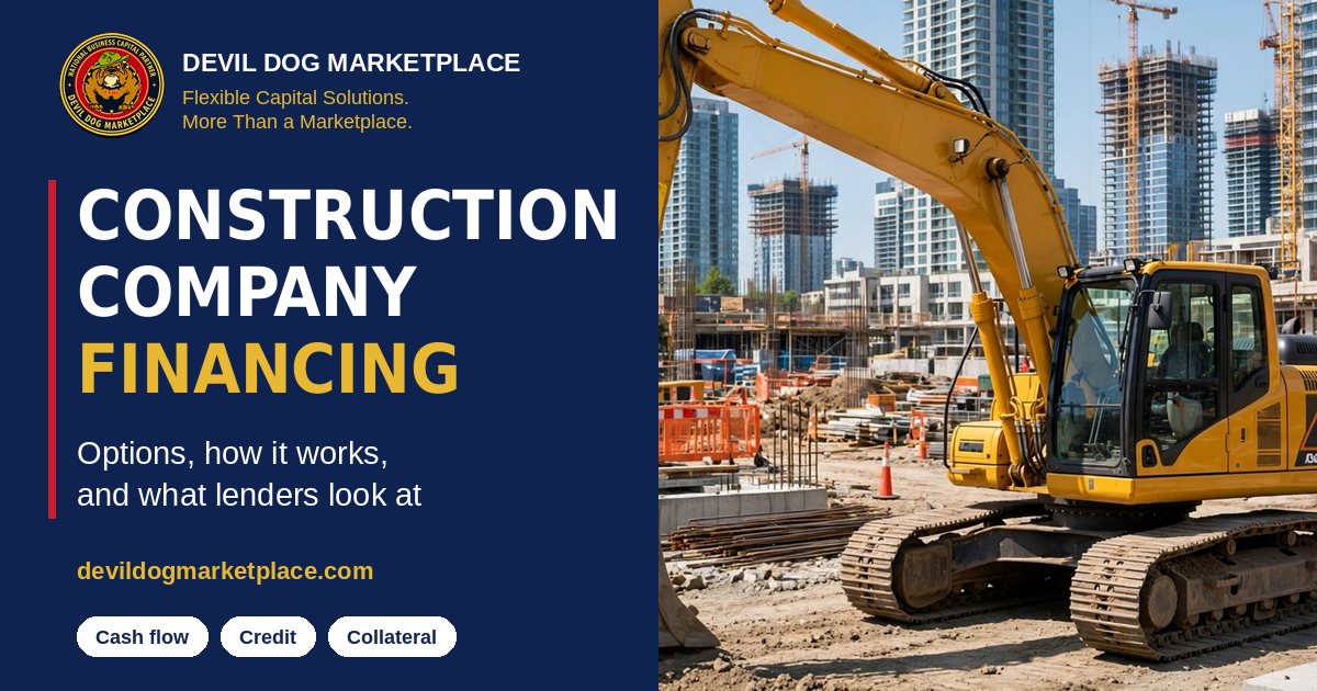 Yellow excavator on a city construction site with high-rise buildings behind it, for an article on construction company financing
