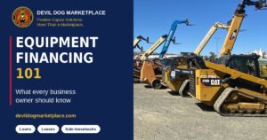 Equipment Financing 101: row of skid steers and telehandlers on an equipment lot, with Devil Dog Marketplace branding