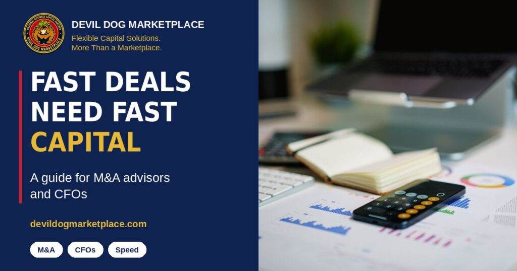 Desk with a calculator, notebook and financial charts, for a guide for M&A advisors and CFOs on fast-capital partners