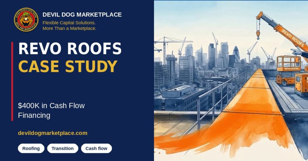 Illustration of a roofing crew and crane on a city rooftop, for the Revo Roofs case study on $400K in cash flow financing